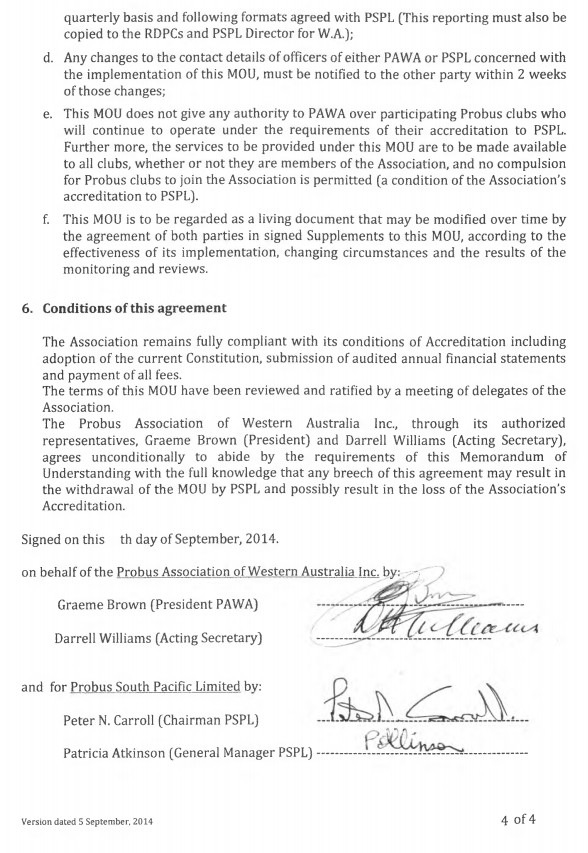 Memorandum of Understanding between Probus Pacific Limited (PSPL) and The Probus Association of Western Australia Inc (PAWA)